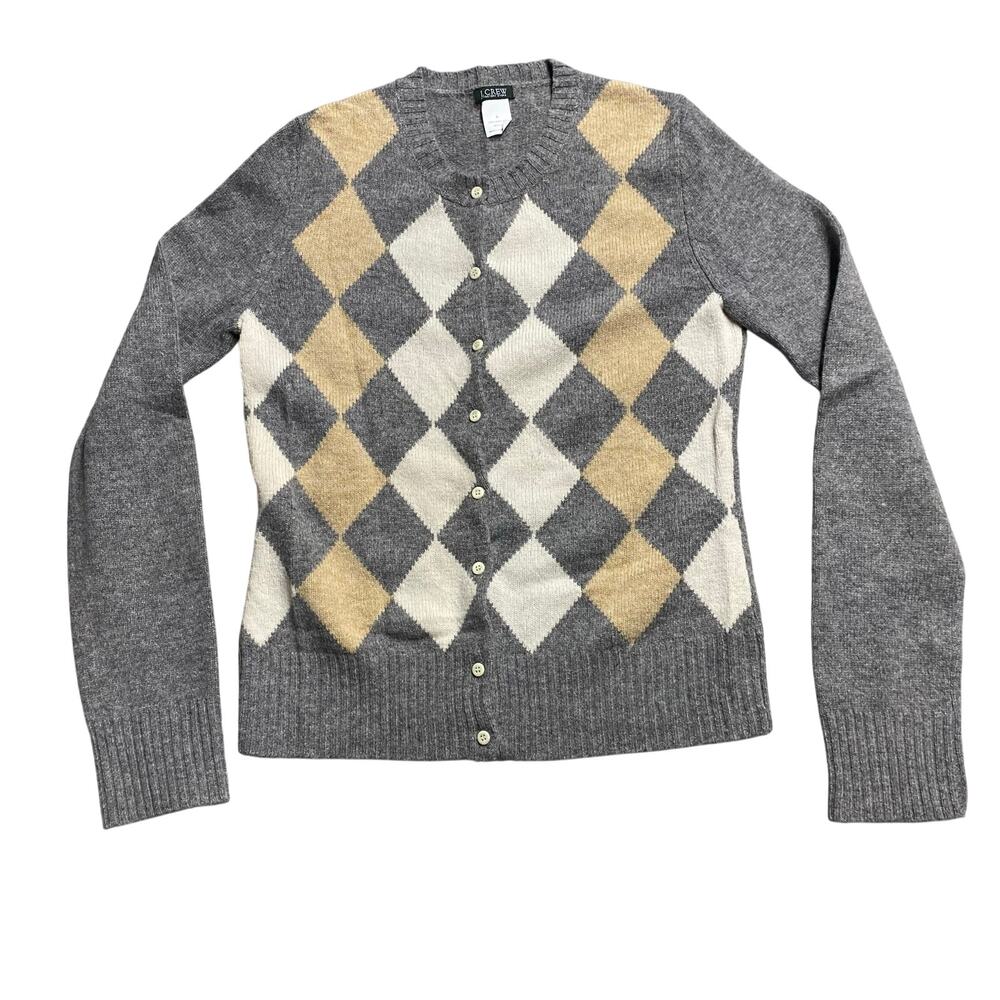 Y2K J Crew 100% Lambswool Wool Argyle Cardigan Sweater Small Grey Tan White